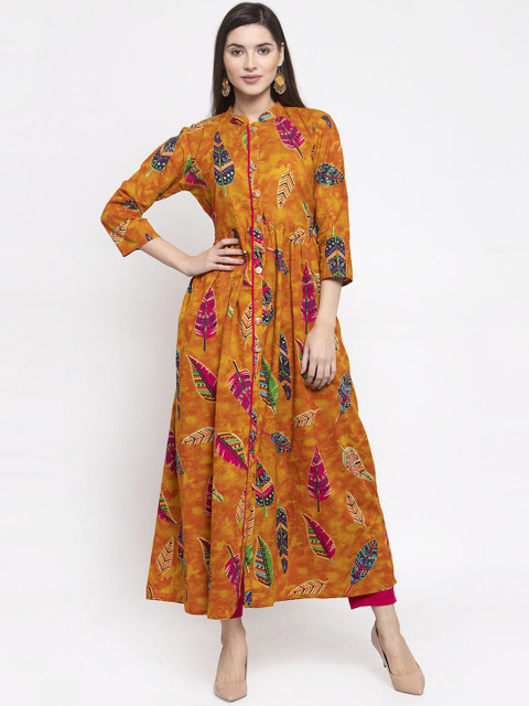

Indibelle Women Yellow & Orange Printed Kurta with Trousers