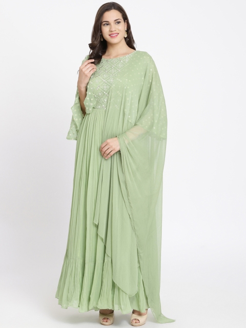 

Koskii Women Green Embellished A-Line Dress with Dupatta