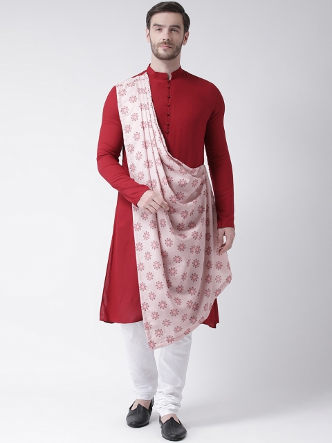 

DEYANN Men Red Solid Straight Kurta With Attached Drape