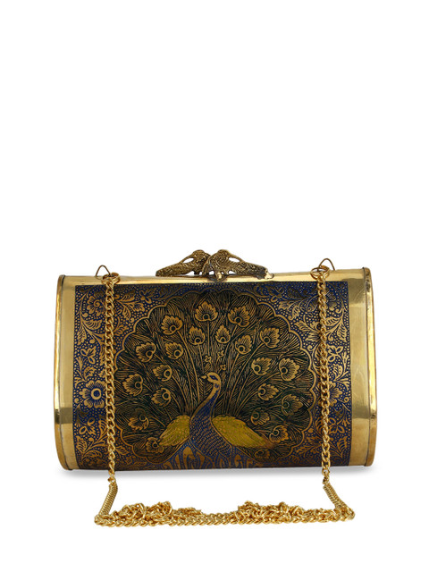 

Anekaant Gold-Toned & Blue Printed Clutch