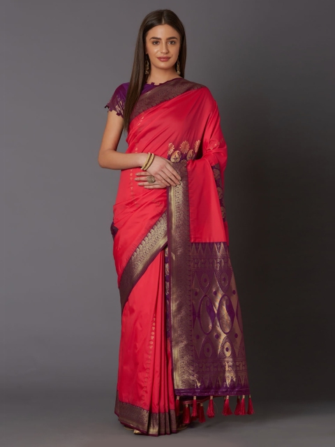 

Mitera Red & Yellow Silk Blend Woven Design Banarasi Saree