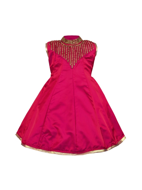 Wish Karo Girls Pink Embellished Fit and Flare Silk Dress