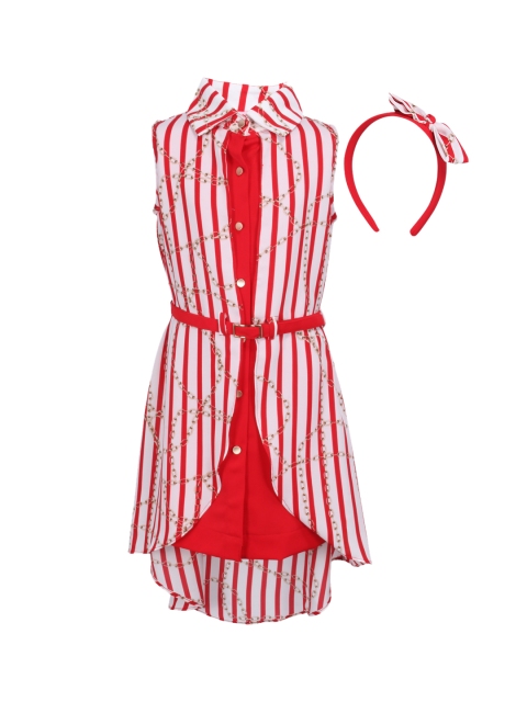 

CUTECUMBER Girls Red & White Striped Shirt Dress with Hairband