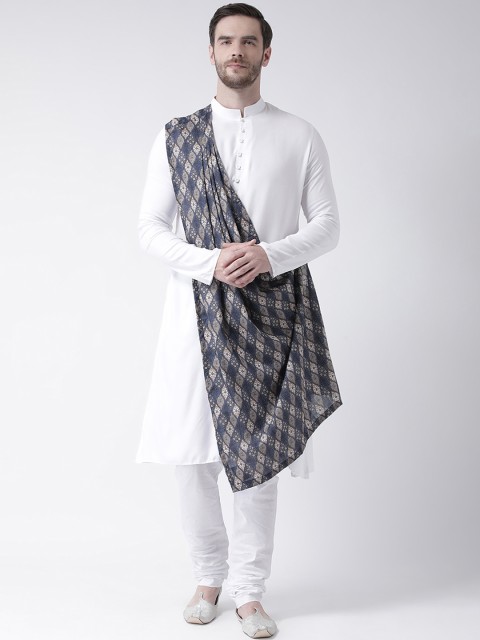 

DEYANN Men White & Navy Blue Printed Kurta with Churidar & Attached Dupatta