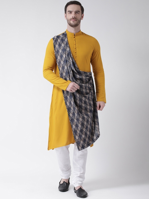 

DEYANN Men Yellow & Navy Blue Printed Straight Kurta