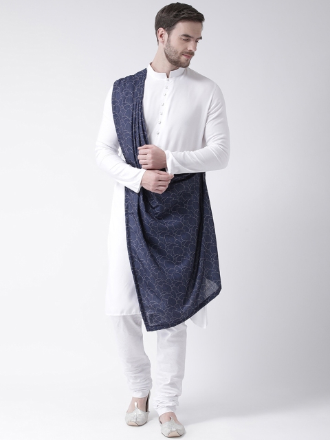 

DEYANN Men White & Navy Blue Printed Straight Kurta
