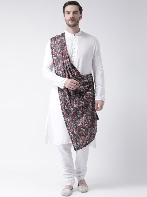 

DEYANN Men White Printed Drape Kurta with Churidar & Attached Dupatta