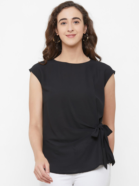 

109F Women Black Solid Cinched Waist Top