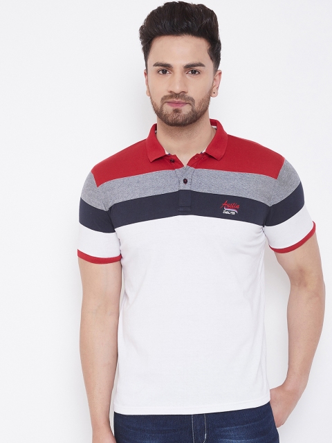 

Austin wood Men White & Navy Blue Striped Polo Collar T-shirt