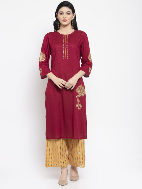 

Clora Creation Women Maroon Embroidered Straight Kurta