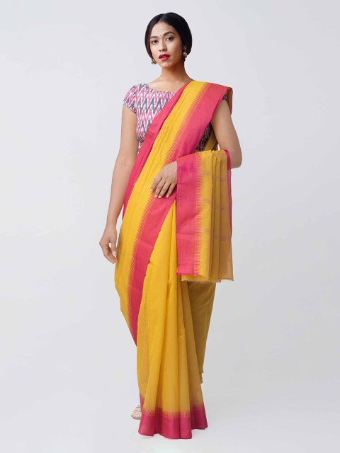 

Unnati Silks Yellow & Pink Silk Cotton Woven Design Kanjeevaram Handloom Sustainable Saree
