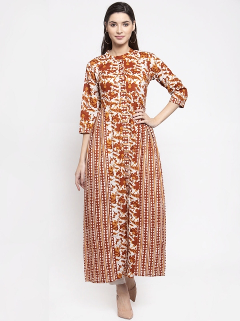 

Indibelle Women Brown & White Printed Kurta with Trousers