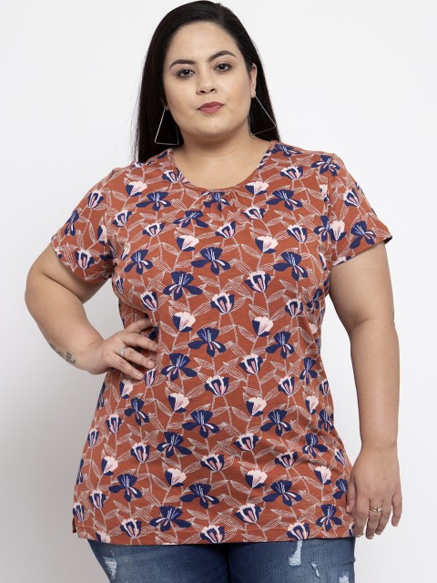 

plusS Women Brown Printed Round Neck T-shirt