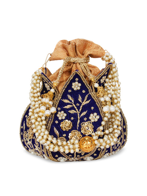 

Anekaant Navy Blue & Gold-Toned Embellished Tasselled Clutch