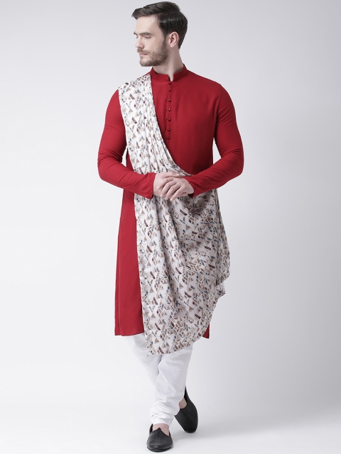 

DEYANN Men Red Solid Straight Kurta With Drape