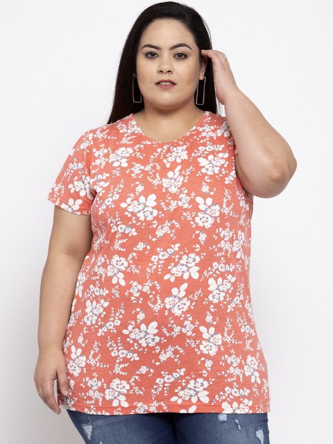 

plusS Women Orange & White Printed Round Neck T-shirt