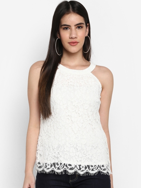 

FOSH Women White Self Design Laced Top, Off white
