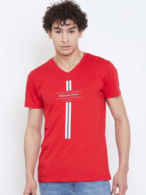 

Octave Men Red Printed V-Neck T-shirt