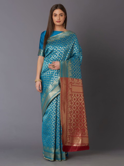 

Mitera Blue & Maroon Silk Blend Woven Design Banarasi Saree