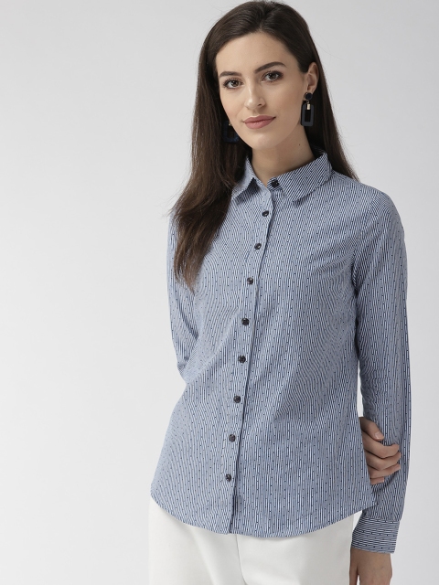 

Xpose Women Navy Blue & White Regular Fit Striped Casual Shirt