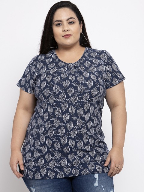 

plusS Women Navy Blue & White Printed Round Neck T-shirt