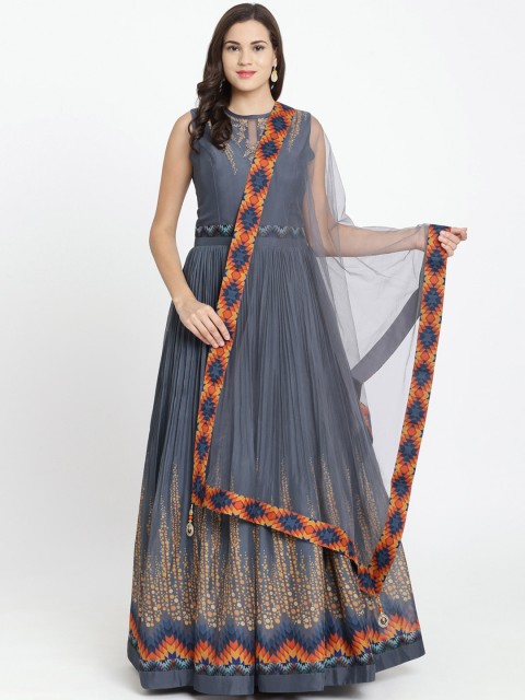 

Koskii Women Grey Printed Maxi Dress With Duppatta