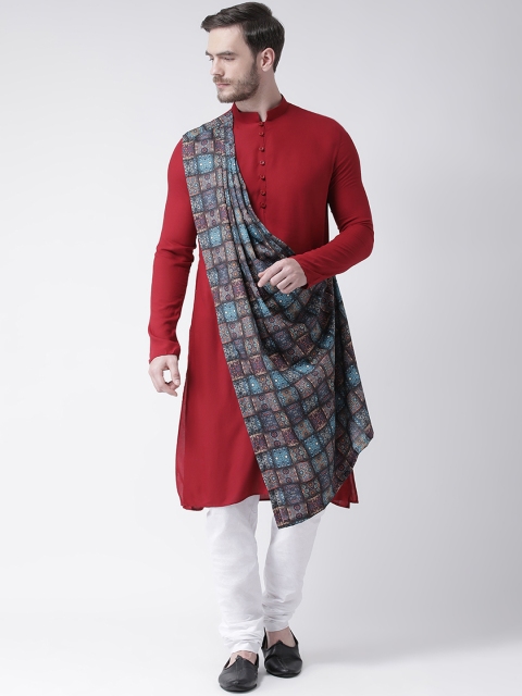 

DEYANN Men Red & White Printed Kurta with Churidar & Attached Dupatta