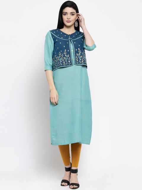 

Clora Creation Women Turquoise Blue & Navy Blue Embroidered Straight Kurta