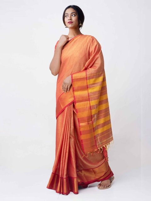 

Unnati Silks Orange & Yellow Pure Cotton Woven Design Narayan Peth Saree