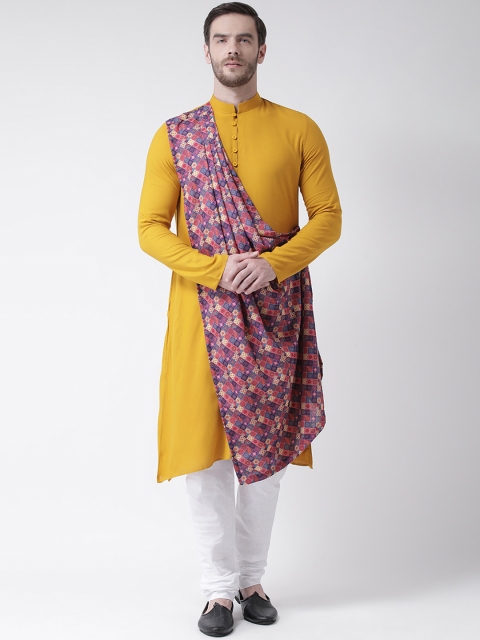 

DEYANN Men Yellow & White Printed Drape Kurta with Churidar