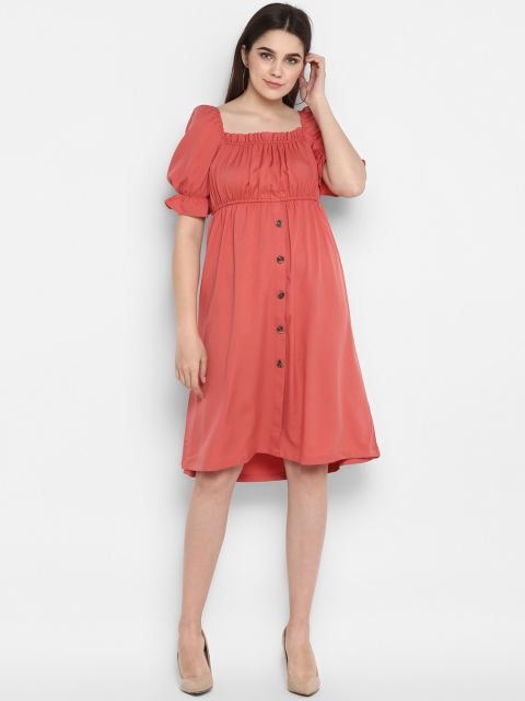 

FOSH Women Peach-Coloured Solid Fit and Flare Dress