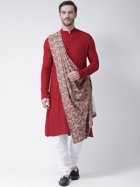 

DEYANN Men Red Printed Straight Drape Kurta