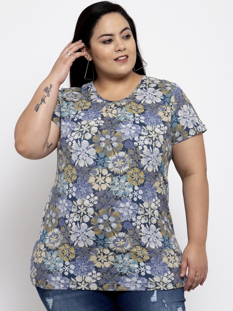 

plusS Women Blue Printed Round Neck T-shirt