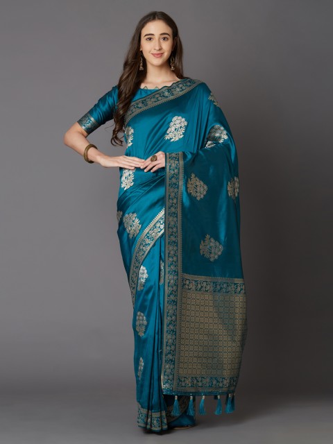 

Mitera Teal Blue & Silver-Coloured Silk Blend Woven Design Banarasi Saree