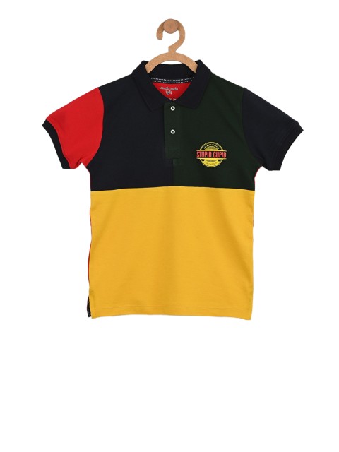 

Stupid Cupid Boys Yellow & Black Colourblocked Polo Collar T-shirt