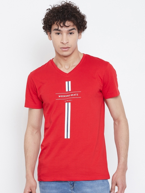 

Octave Men Red Printed V-Neck T-shirt
