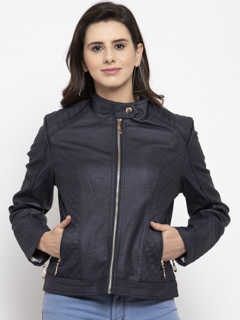 

VOXATI Women Navy Blue Solid Biker Jacket
