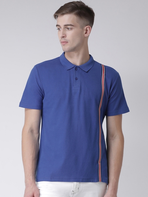 

REALM Men Blue Striped Polo Collar T-shirt