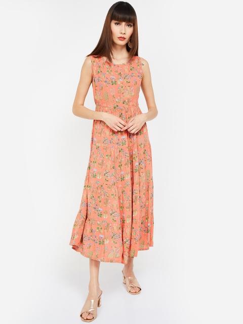 

Colour Me by Melange Women Coral Orange & Green Printed Fit and Flare Dress