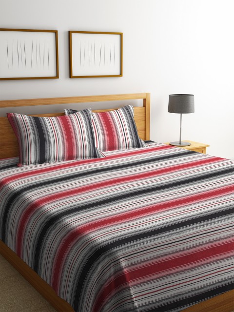 

Soumya Unisex Set Of 3 Red & Grey Striped Double Bedcover Set