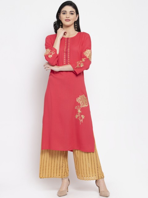 

Clora Creation Women Pink & Gold-Coloured Embroidered Straight Kurta