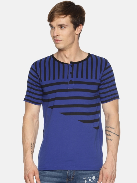 

IMPACKT Men Blue & Black Striped Henley Neck T-shirt