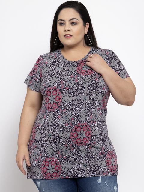

plusS Women Grey & Pink Printed Round Neck T-shirt