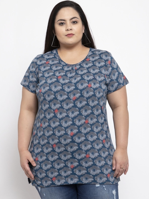 

plusS Women Blue & Grey Printed Round Neck T-shirt