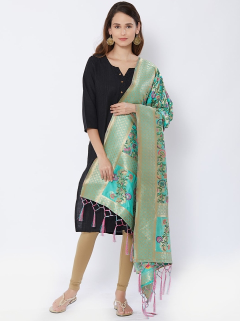 

Faserz Sea Green & Gold-Coloured Banarasi Woven Design Dupatta