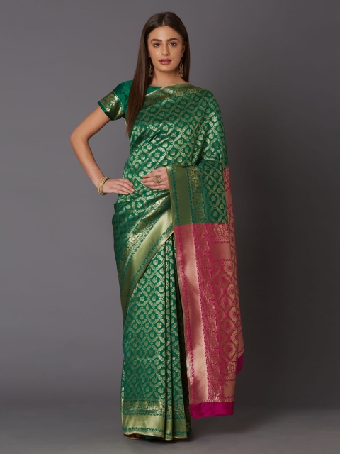 Mitera Green & Pink Silk Blend Woven Design Banarasi Saree