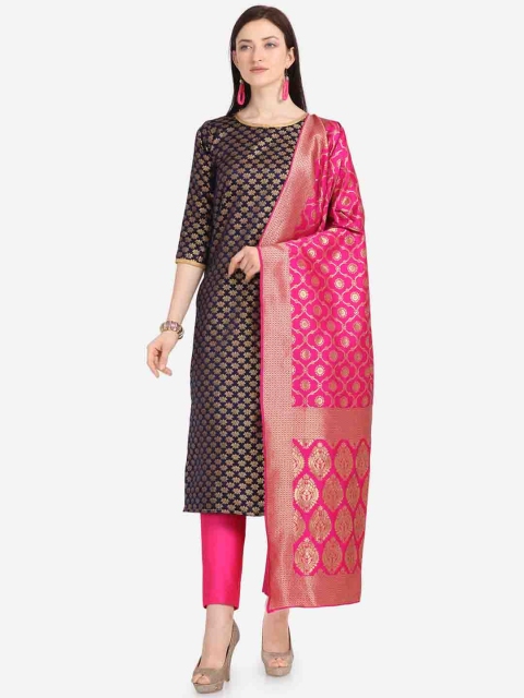 

Kvsfab Navy Blue & Pink Silk Blend Unstitched Dress Material