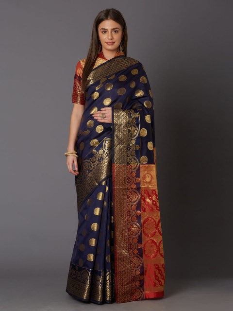 

Mitera Blue & Red Silk Blend Woven Design Banarasi Saree