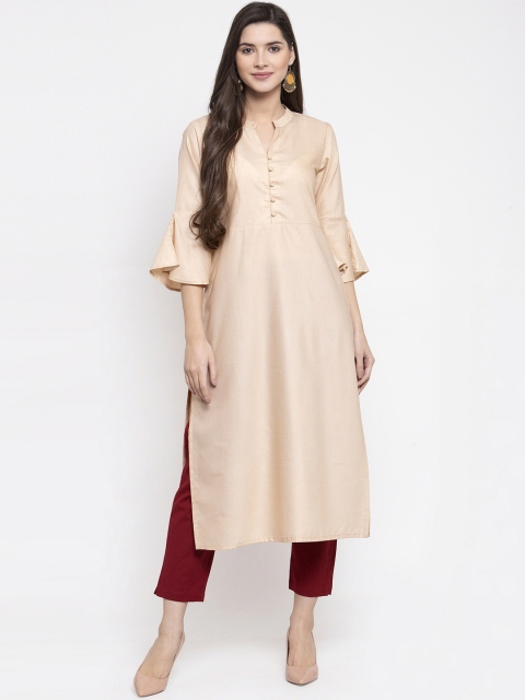 

Indibelle Women Cream-Coloured & Maroon Solid Kurta with Trousers