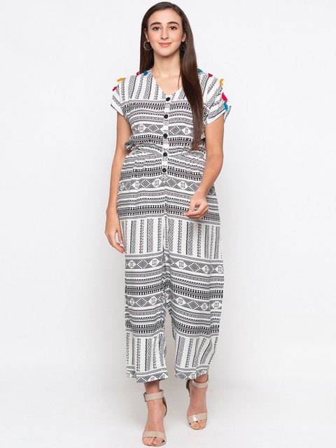 

Globus Women White & Black Printed Basic Jumpsuit